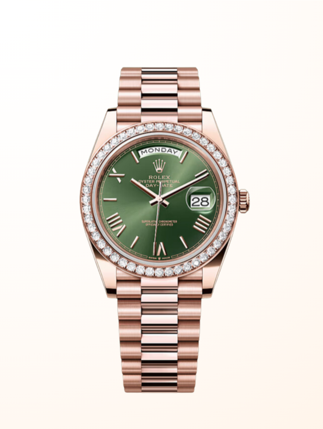 Day-Date 40 RG Diamond Set Olive Green Roman